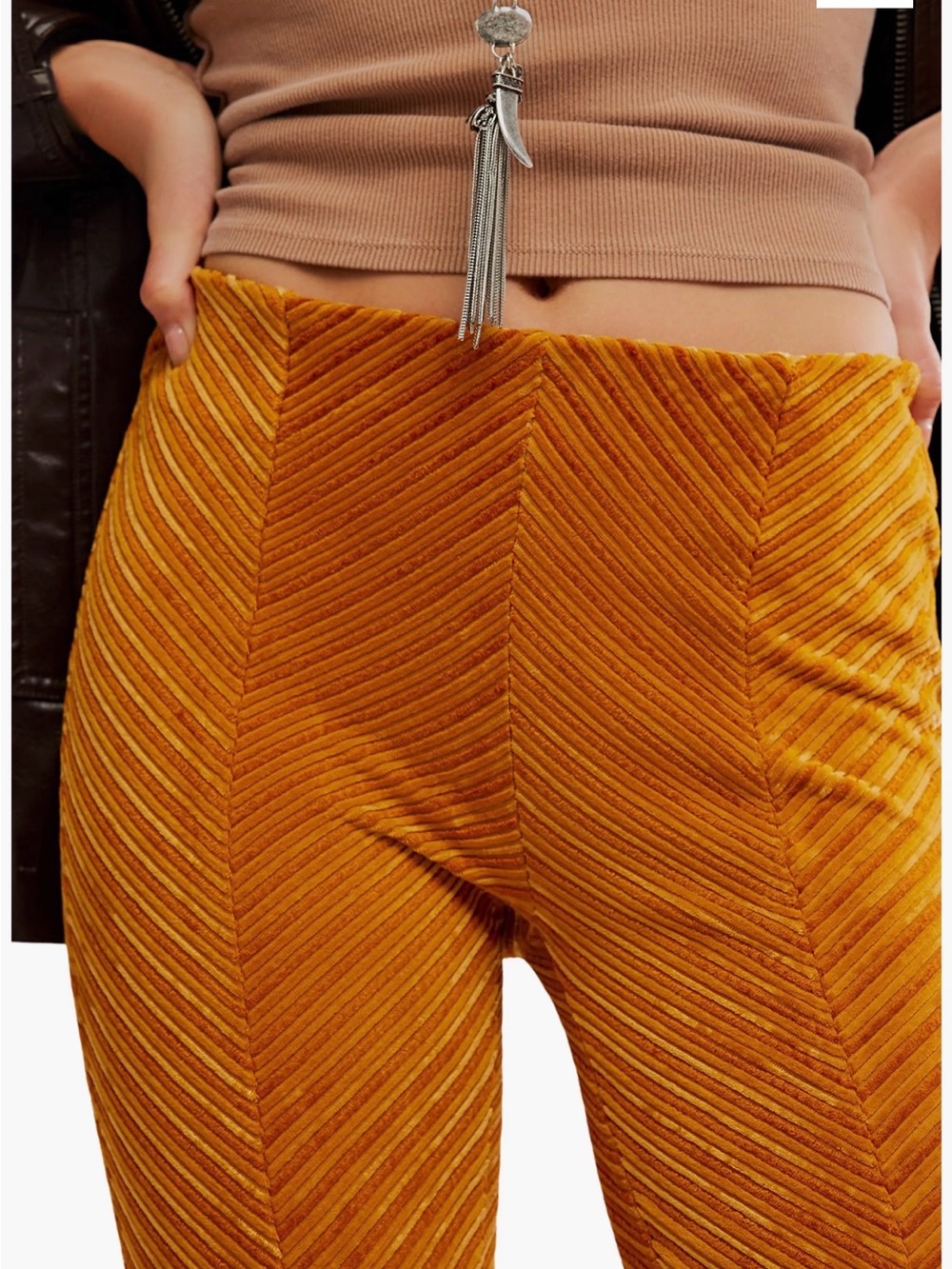 New Free People Chevron Velvet Flare Pants in Mustard pull on style - Picture 5 of 6
